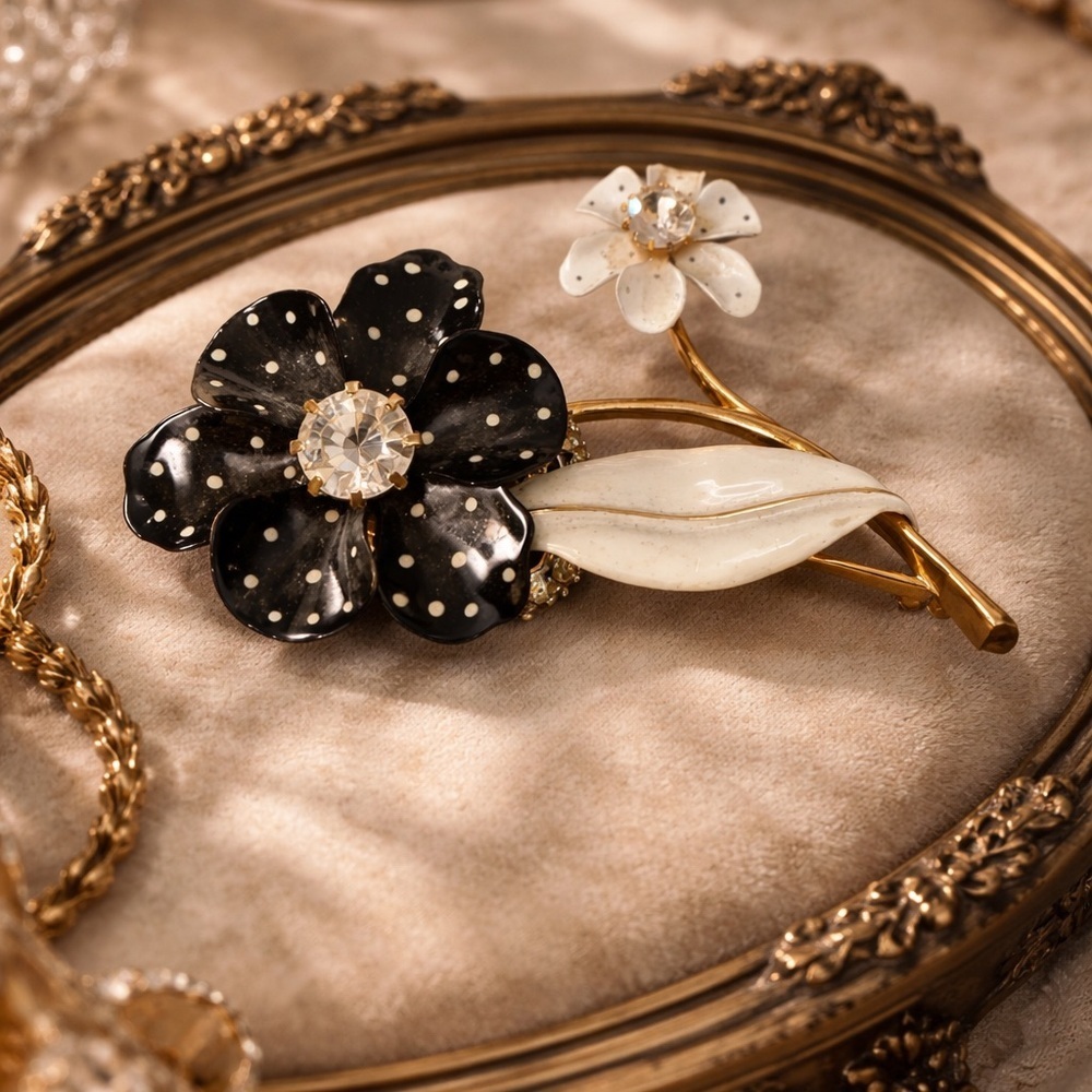 Vintage Nina Ricci for Avon Flower Brooch Pin 1980s | Black White Polka Dot